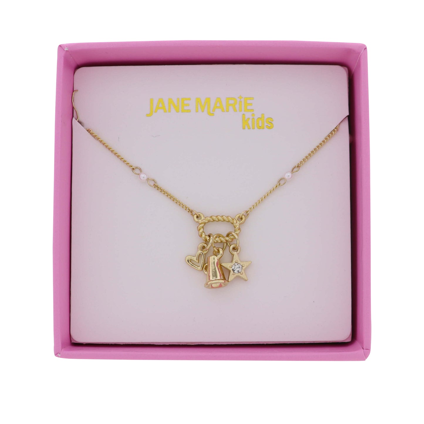 Kids Gold Satellite Chain Necklace with Gold, Clear Heart, Megaphone, Star