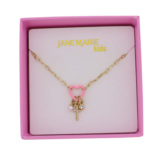 Kids Gold Cable Chain Necklace with Pink Heart Clear Cross, Circle, Pearl