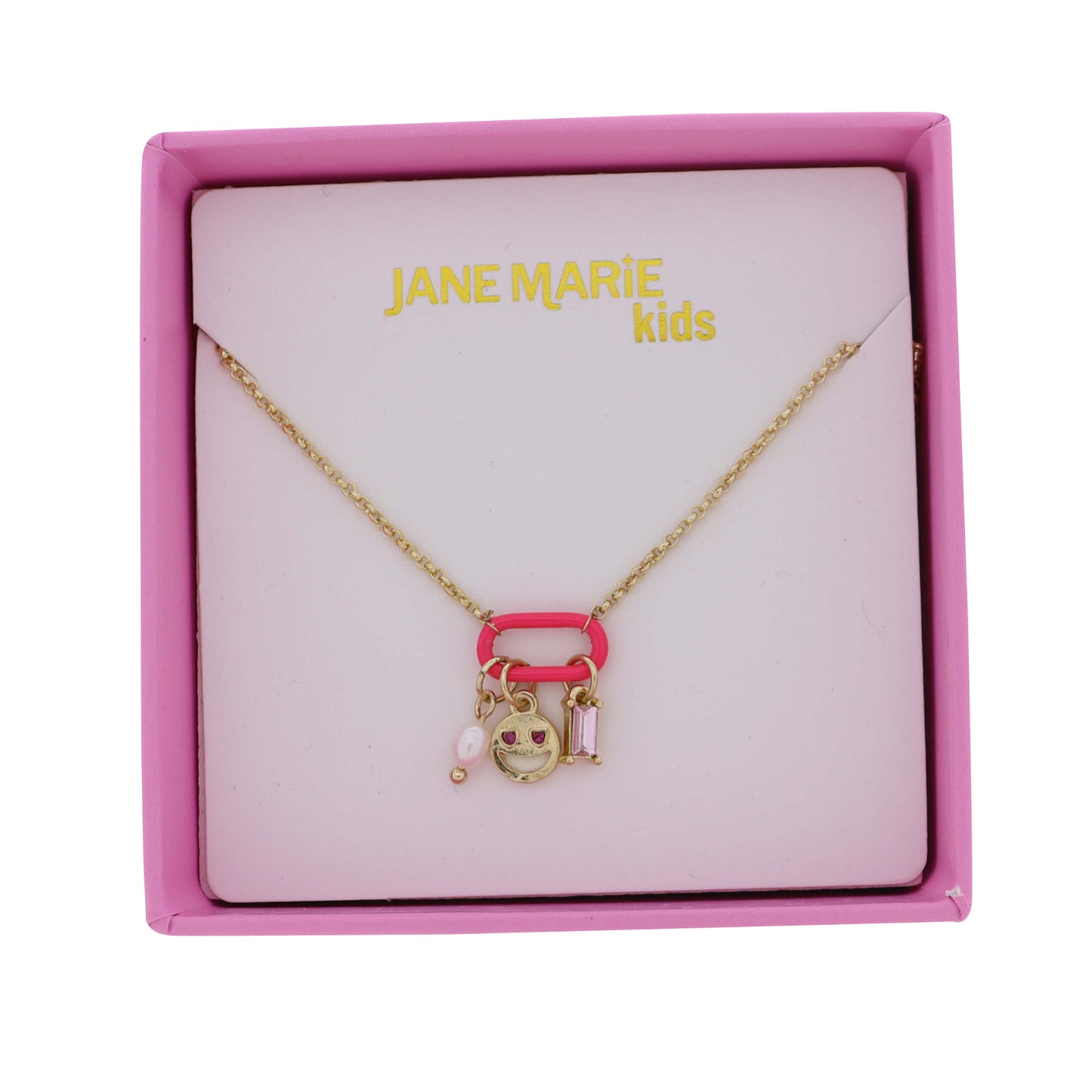 Kids Gold Rolo Chain Necklace with Hot Pink Oval Smiley Face, Crystal, Pearl