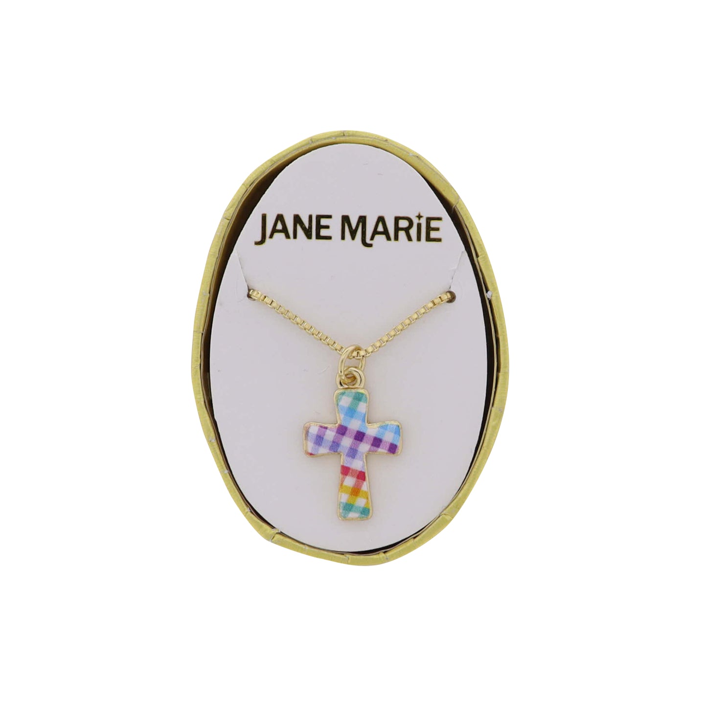 Multi Plaid Cross on Gold Box Chain Necklace