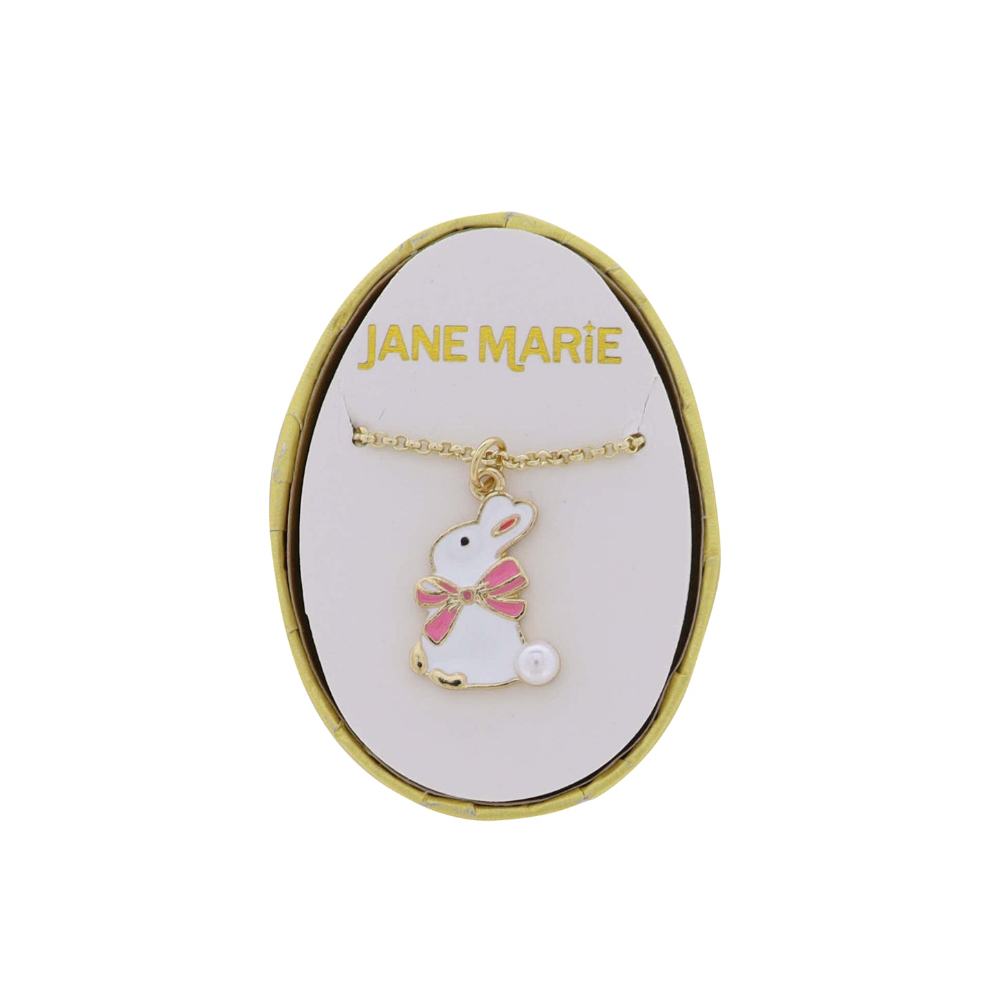 White Bunny with Bow and Pearl Tail on Gold Rolo Chain Necklace