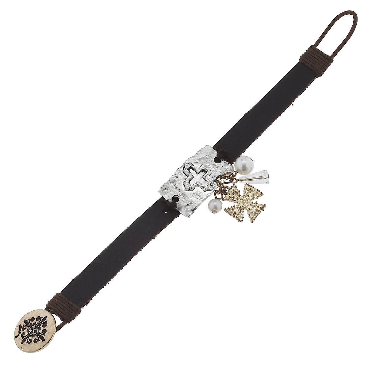 Leather Open Cross Plate Toggle Bracelet