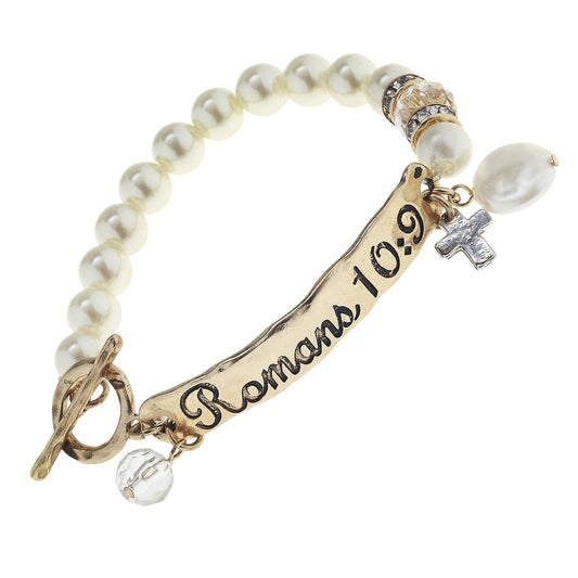 ANT. GOLD PHRASE PLATE ON IVORY PEARL STRETCH TOGGLE BRACELET ROMANS 10:9