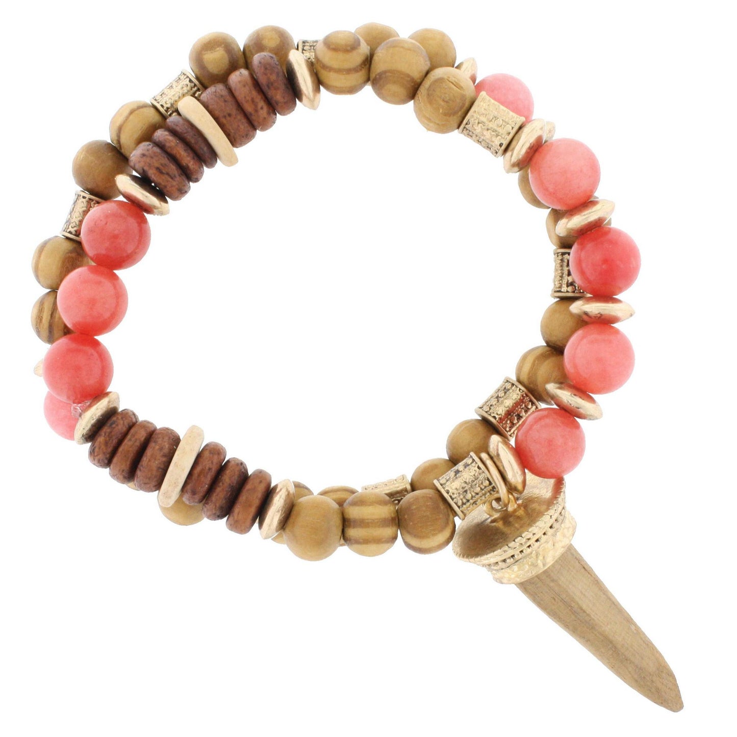 Wood and Pink Beaded Stretch Bracelet with Wooden Horn