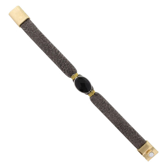 Stone Grey Leather Bracelet with Jet Stone
