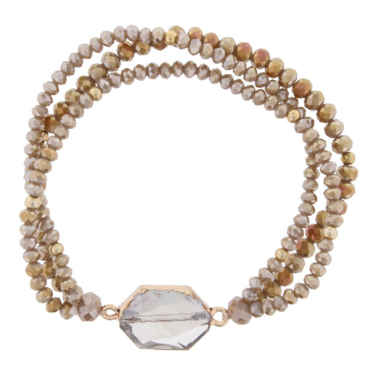 Greige and AB Greige Beaded 3 Strand Stretch Bracelet with Black Diamond Crystal