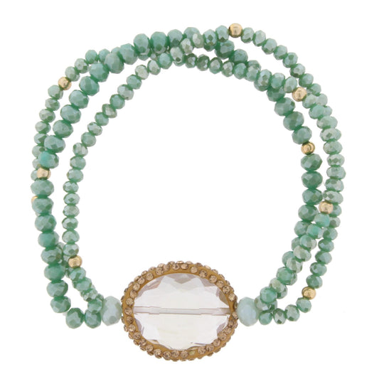 Teal Green Beaded 3 Strand Stretch Bracelet with Pave Crystal