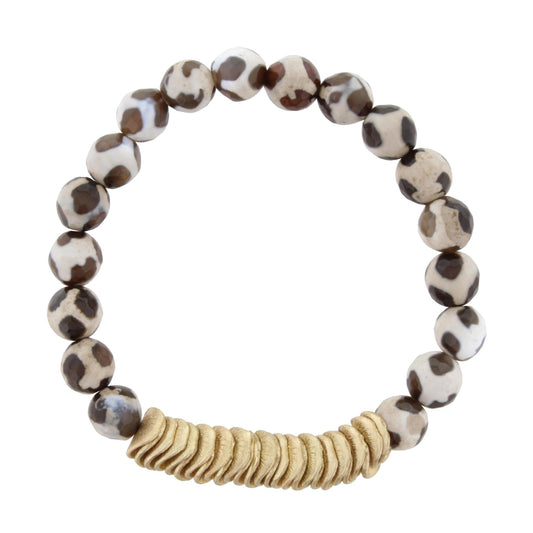 Spotted Tibetan Beaded Stretch Bracelet with Gold Wavy Disk Spacers