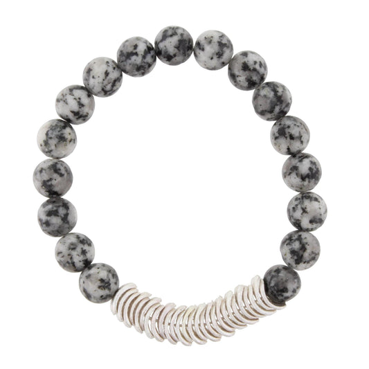 Snowflake Beaded Stretch Bracelet with Silver Wavy Disk Spacers