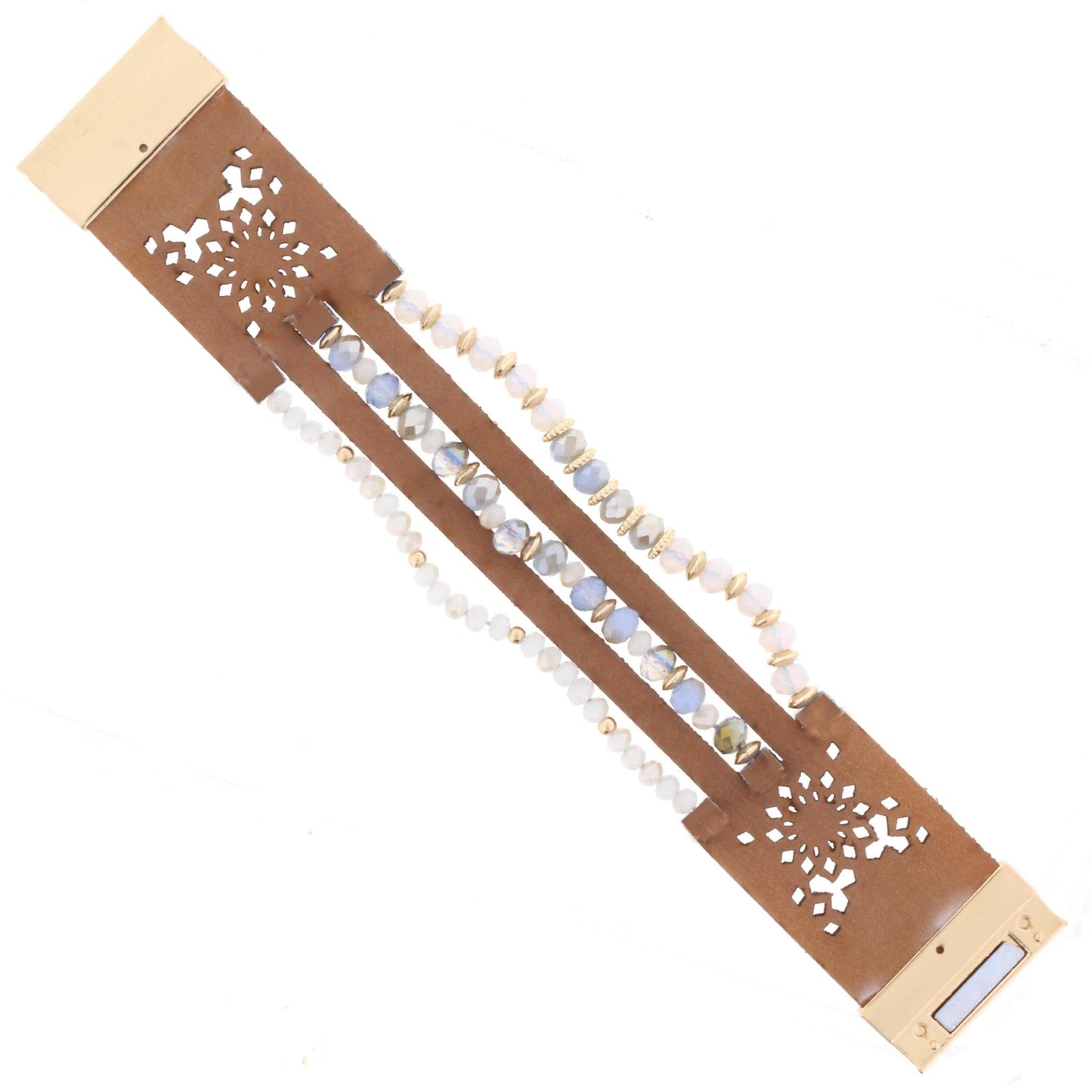 Blue Beaded Multi Strand Tan Leather Bracelet