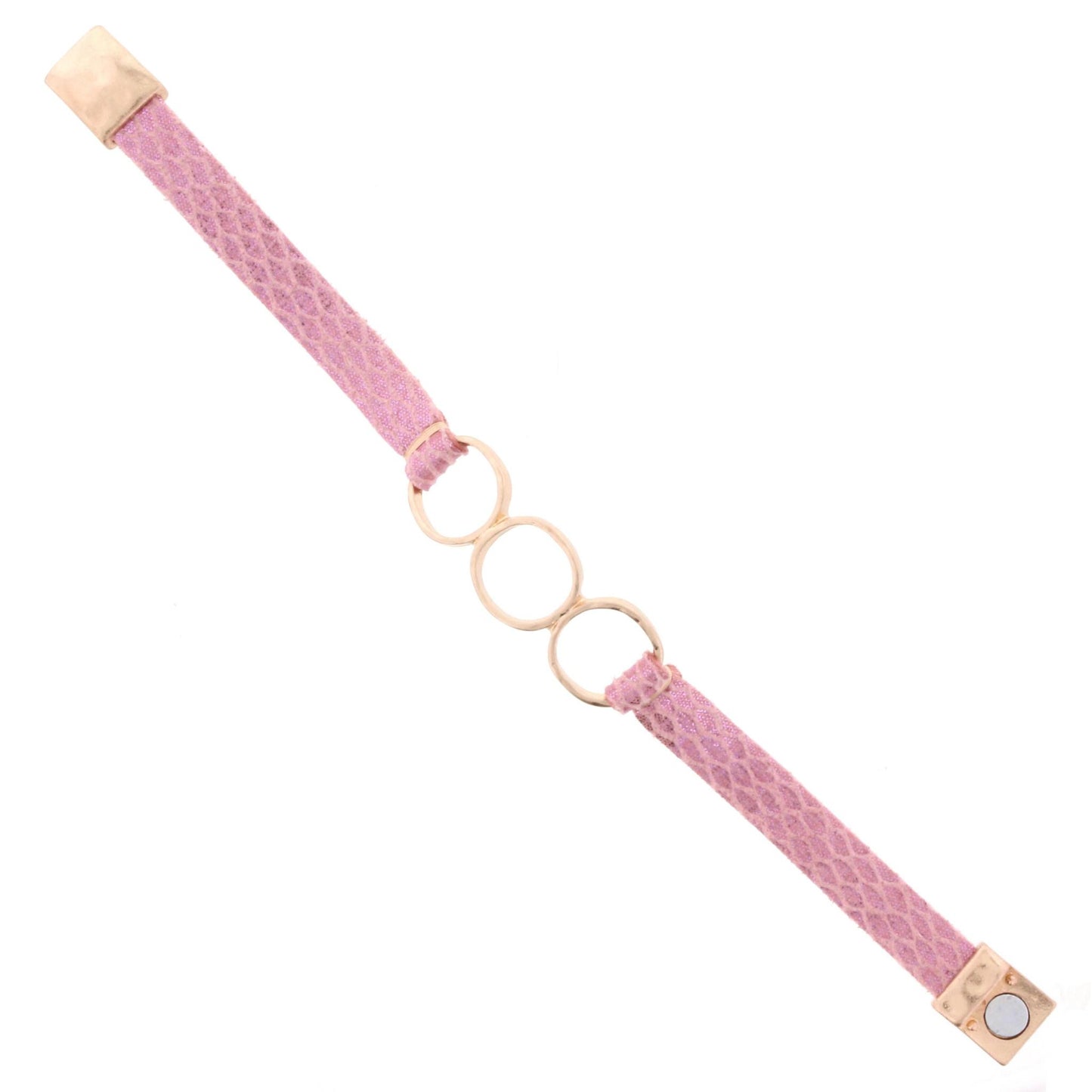 Pink Snakeskin Leather Bracelet with 3 Gold Rings