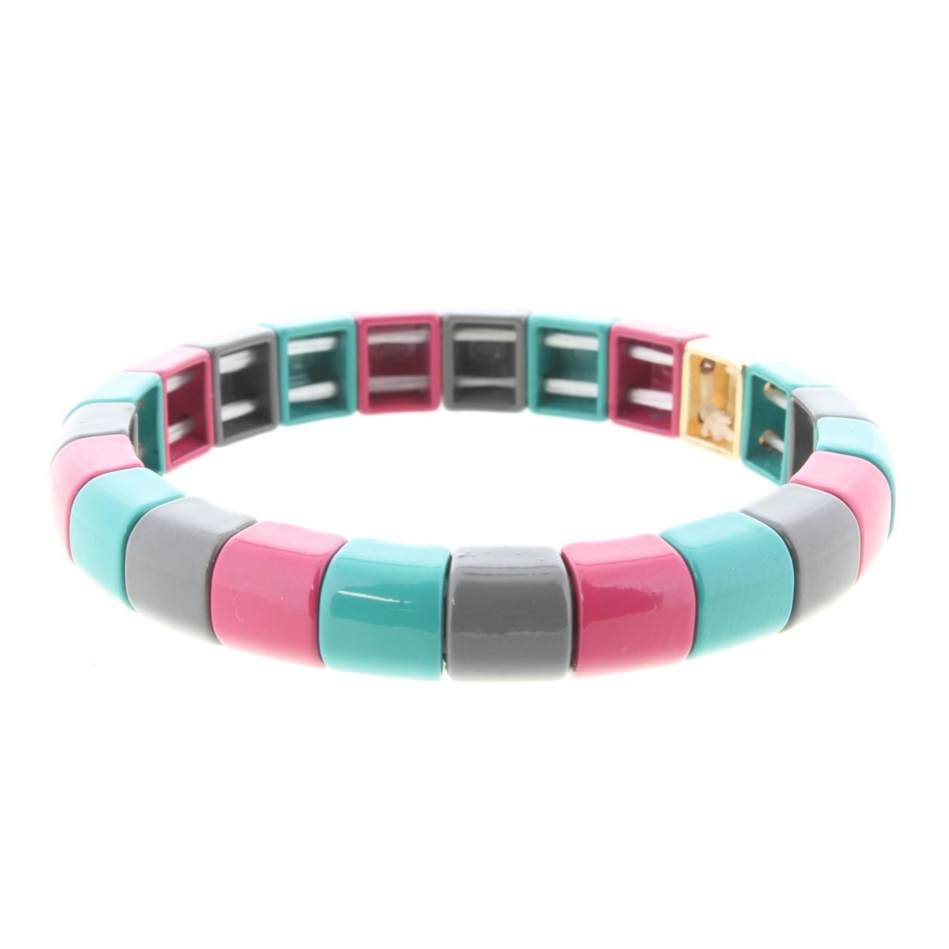 Teal, Dark Pink, Grey Rounded Square Metal Shape Stretch Bracelet