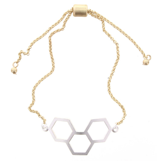 Adjustable Gold Chain Bracelet with Silver Open Hexagon Cluster