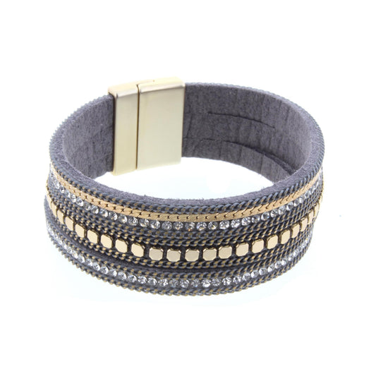 Grey Leather, Gold, and Rhinestone Multi Strand Bracelet