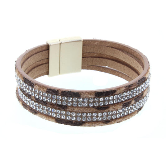 Leopard Leather and Rhinestone Multi Strand Bracelet