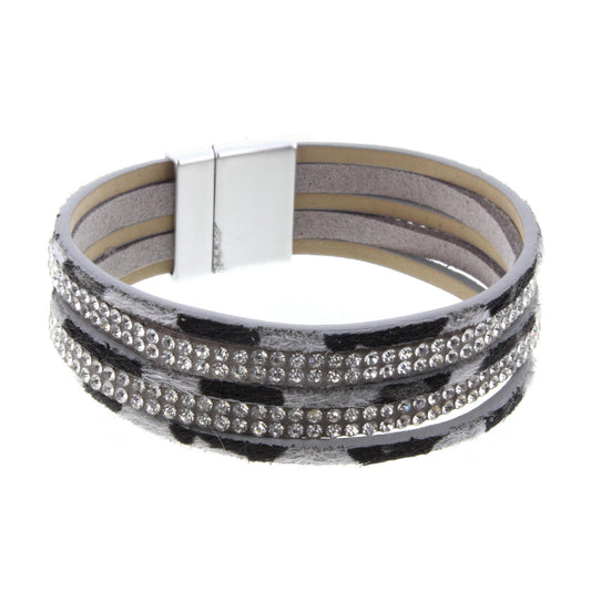 Light Grey Leather and Rhinestone Multi Strand Bracelet