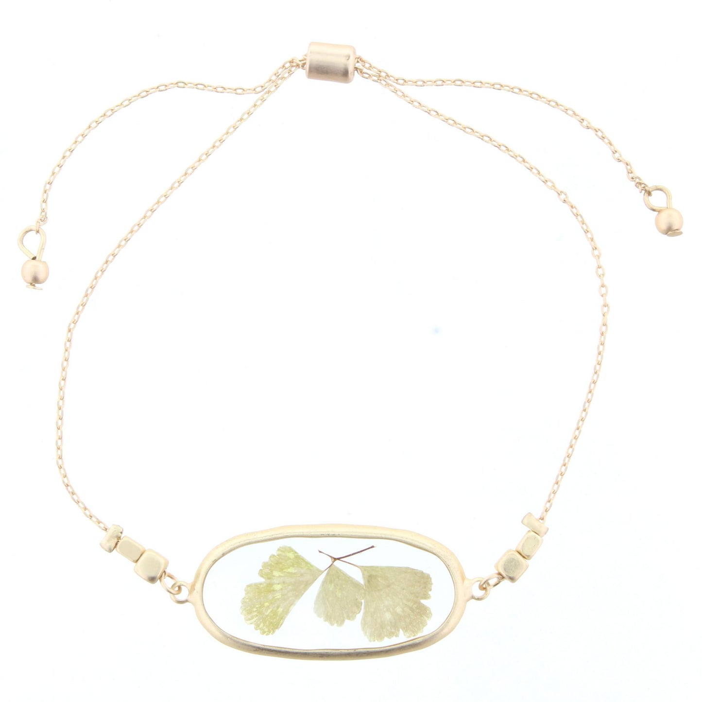Adjustable Gold Bracelet with Pressed Leaves in Resin Oval