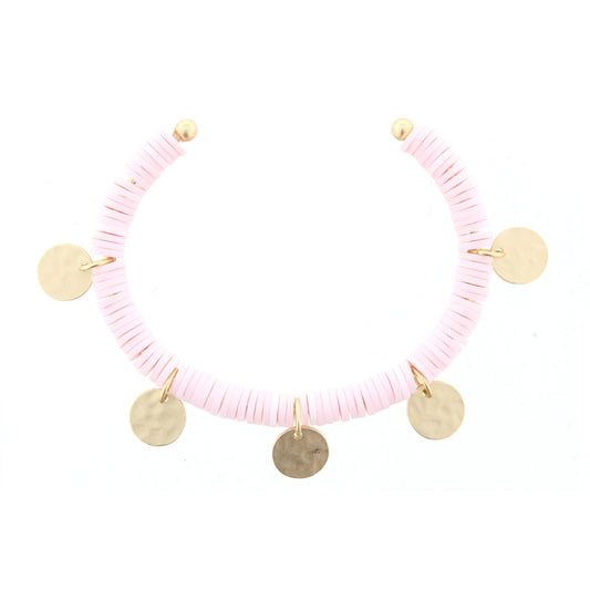 Soft Pink Discs Gold Cuff Bracelet with Gold Circle Accents
