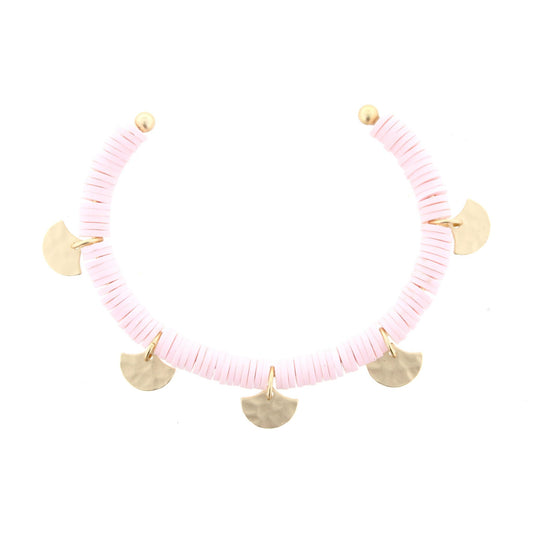 Soft Pink Discs Gold Cuff Bracelet with Gold Fan Accents
