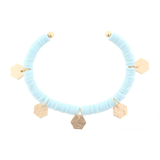 Soft Mint Discs Gold Cuff Bracelet with Gold Hexagon Accents