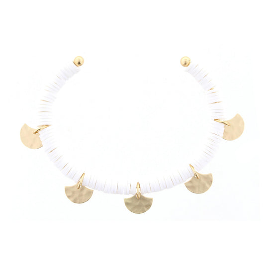 Soft White Discs Gold Cuff Bracelet with Gold Fan Accents