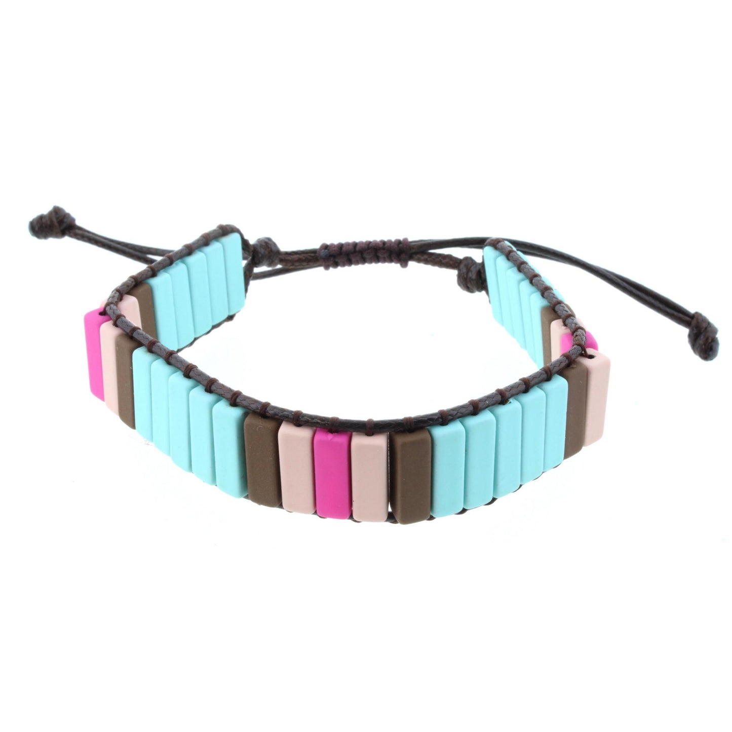 Rectangular Shaped Mint, Brown, Peach, and Hot Pink Metal Beaded Adjustable Bracelet