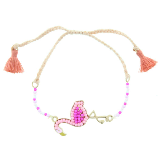 Kids Pink Beaded and Braided Adjustable Bracelet with Flamingo