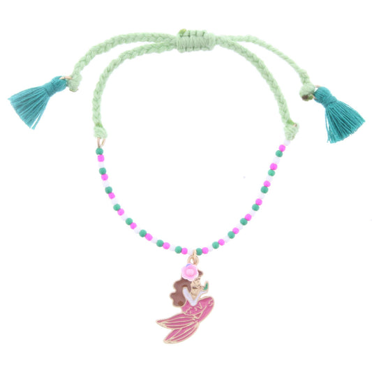 Kids Pink/Green Beaded and Braided Adjustable Bracelet with Mermaid
