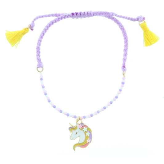 Kids Lavender Beaded and Braided Adjustable Bracelet with Unicorn Charm