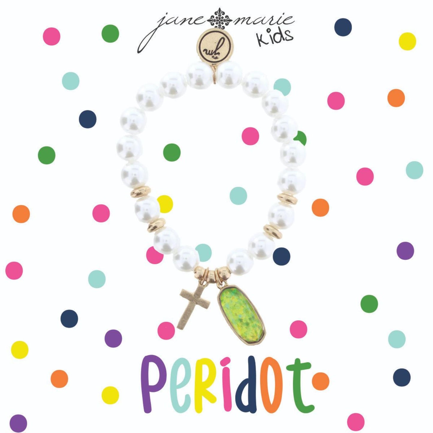 Kids Pearl Stretch Bracelet with Cross & August Birthstone Charm, Peridot COlored Glitter