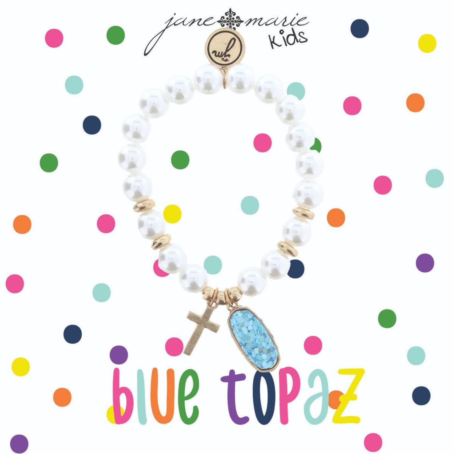 Kids Pearl Stretch Bracelet with Cross & December Birthstone Charm, Blue Topaz Colored Glitter