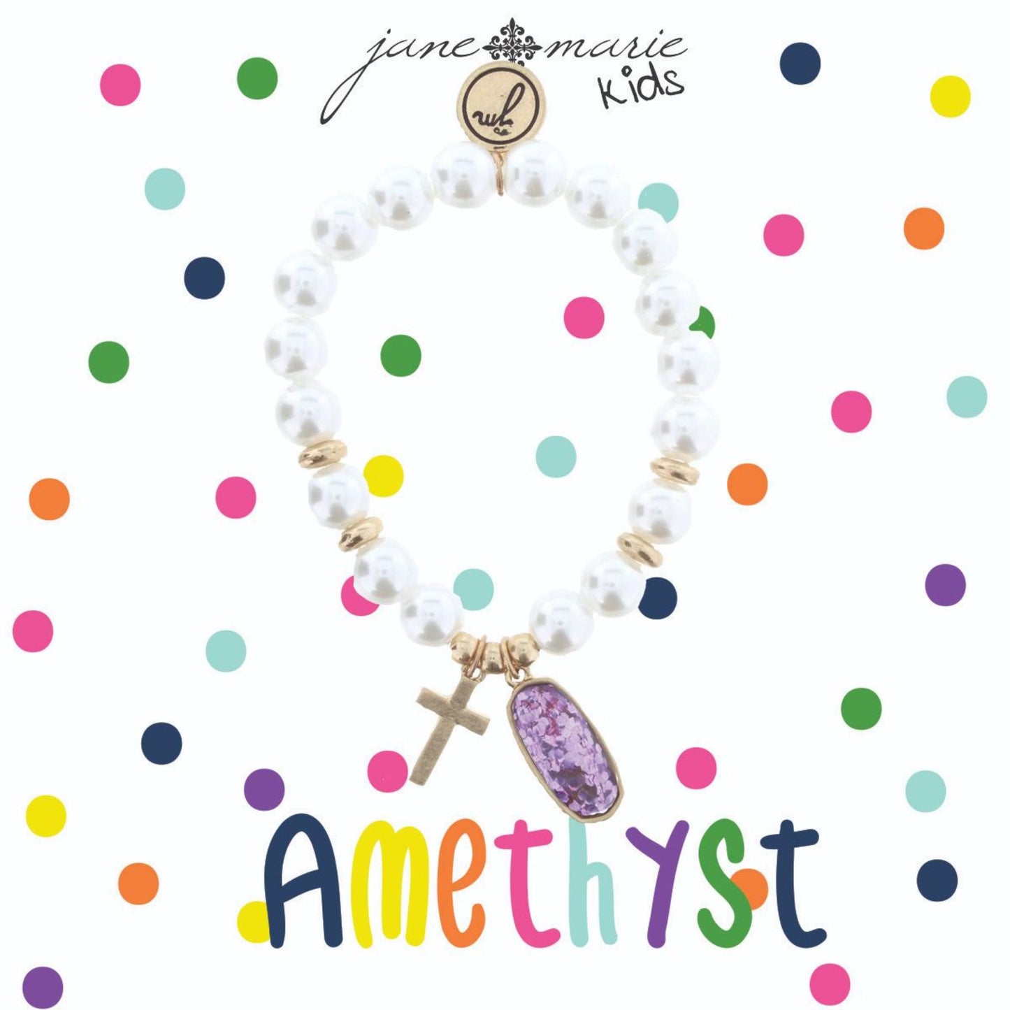 Kids Pearl Stretch Bracelet with Cross & Febuary Birthstone Charm, Amethyst Colored Glitter