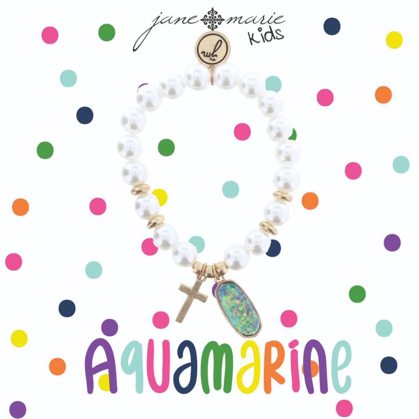 Kids Pearl Stretch Bracelet with Cross & March Birthstone Charm, Aquamarine Colored Glitter