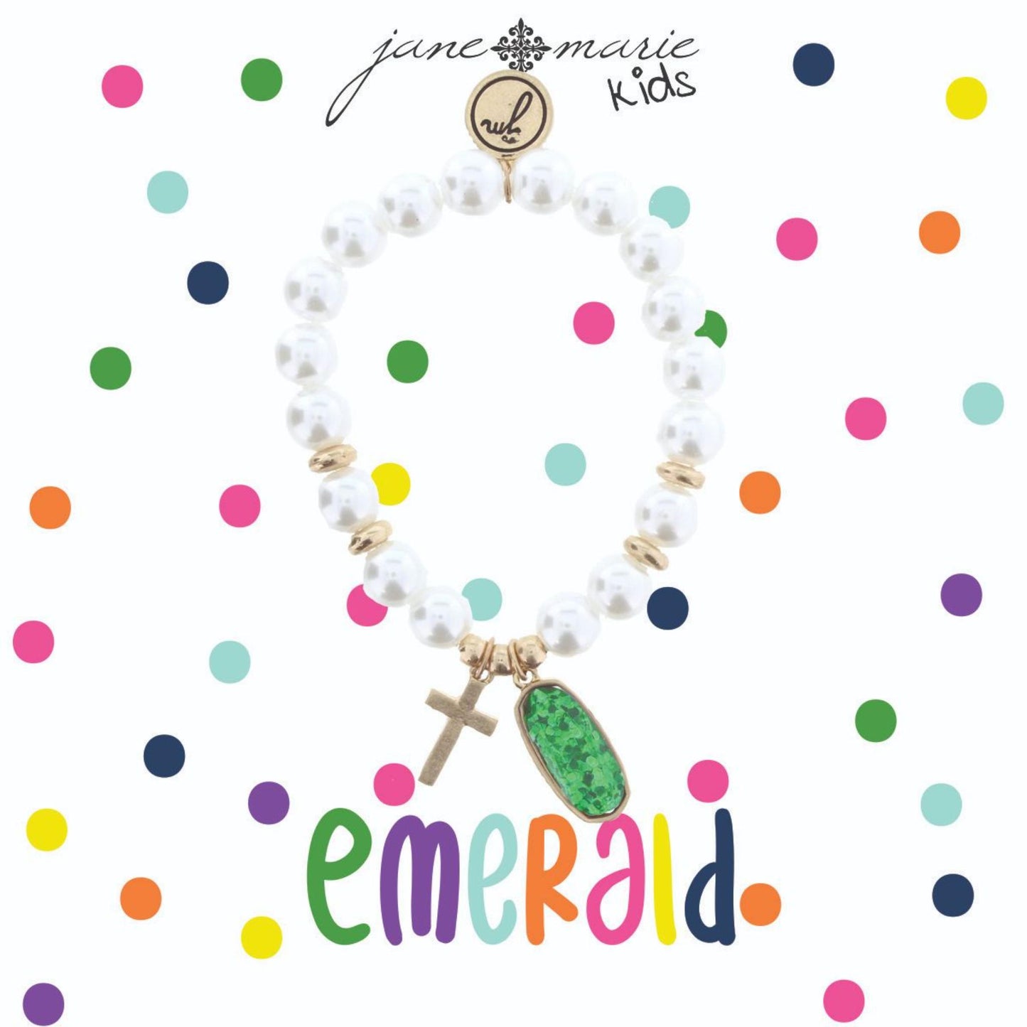 Kids Pearl Stretch Bracelet with Cross & May Birthstone Charm, Emerald Colored Glitter