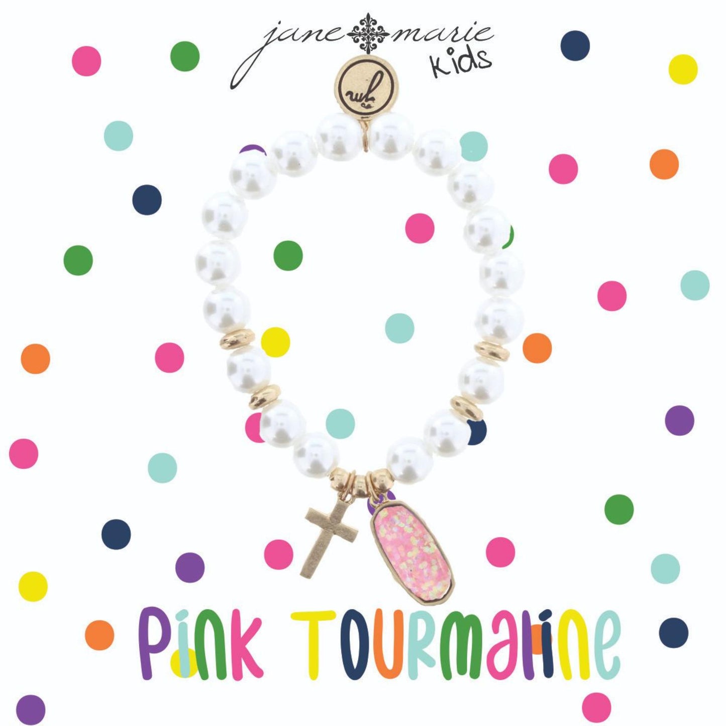 Kids Pearl Stretch Bracelet with Cross & October Birthstone Charm, Pink Tourmaline Colored Glitter