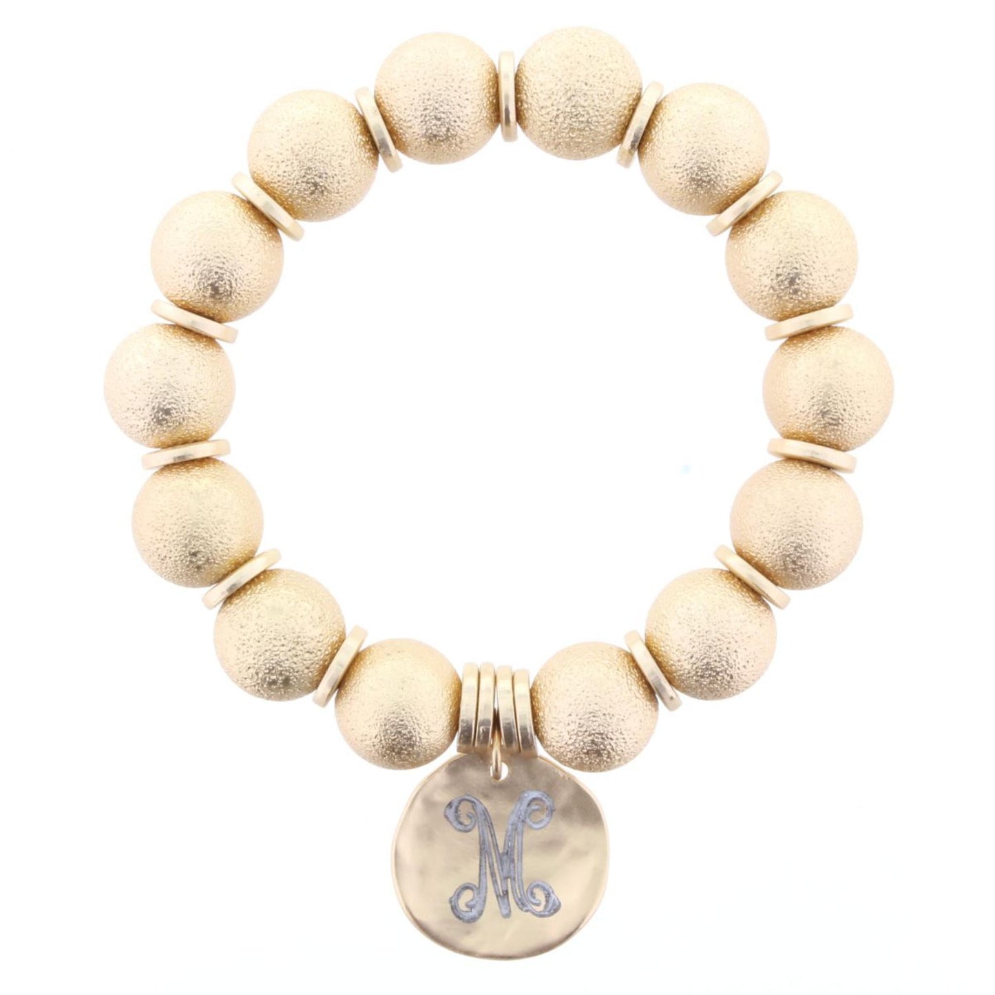 Gold Beaded Stretch Bracelet with "M" Engraved Gold Disk