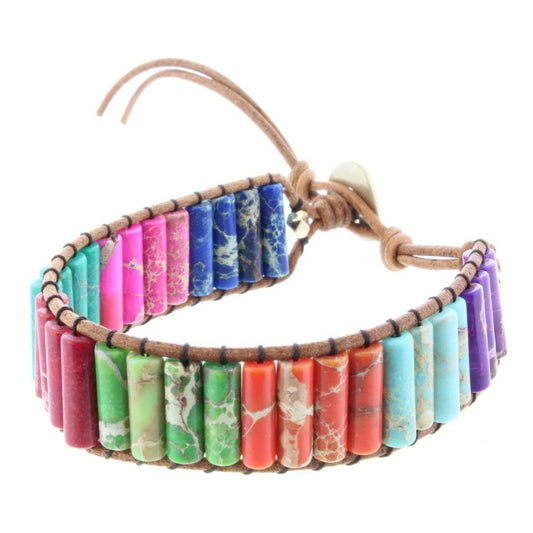 Rainbow Colored Cylinder Stone Button Closure Bracelet