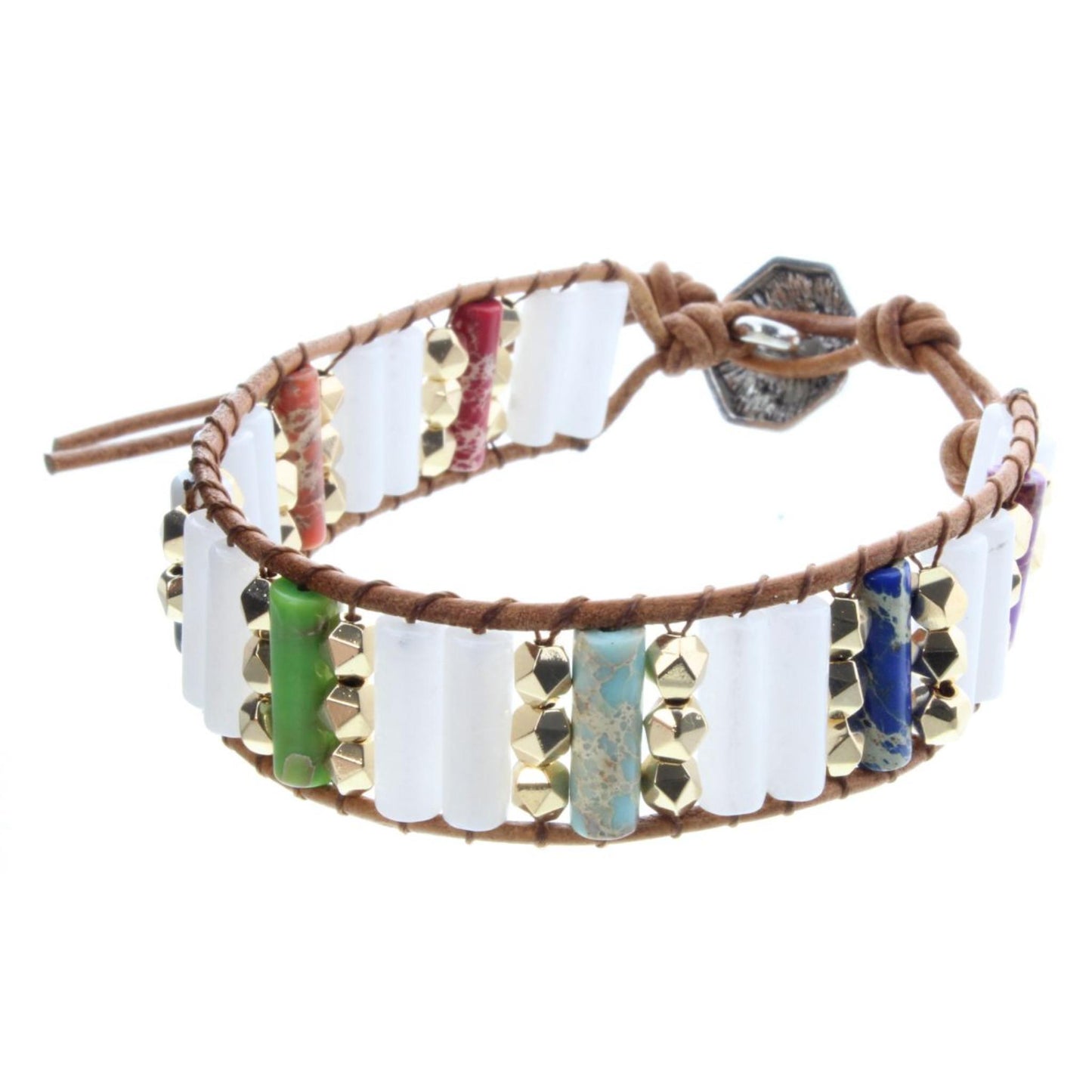 White & Multi Colored Cylinder Stone Button Closure Bracelet