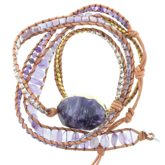 Purple Stone with Gold, Purple Stones, Purple Beads, 36" Wrap Bracelet