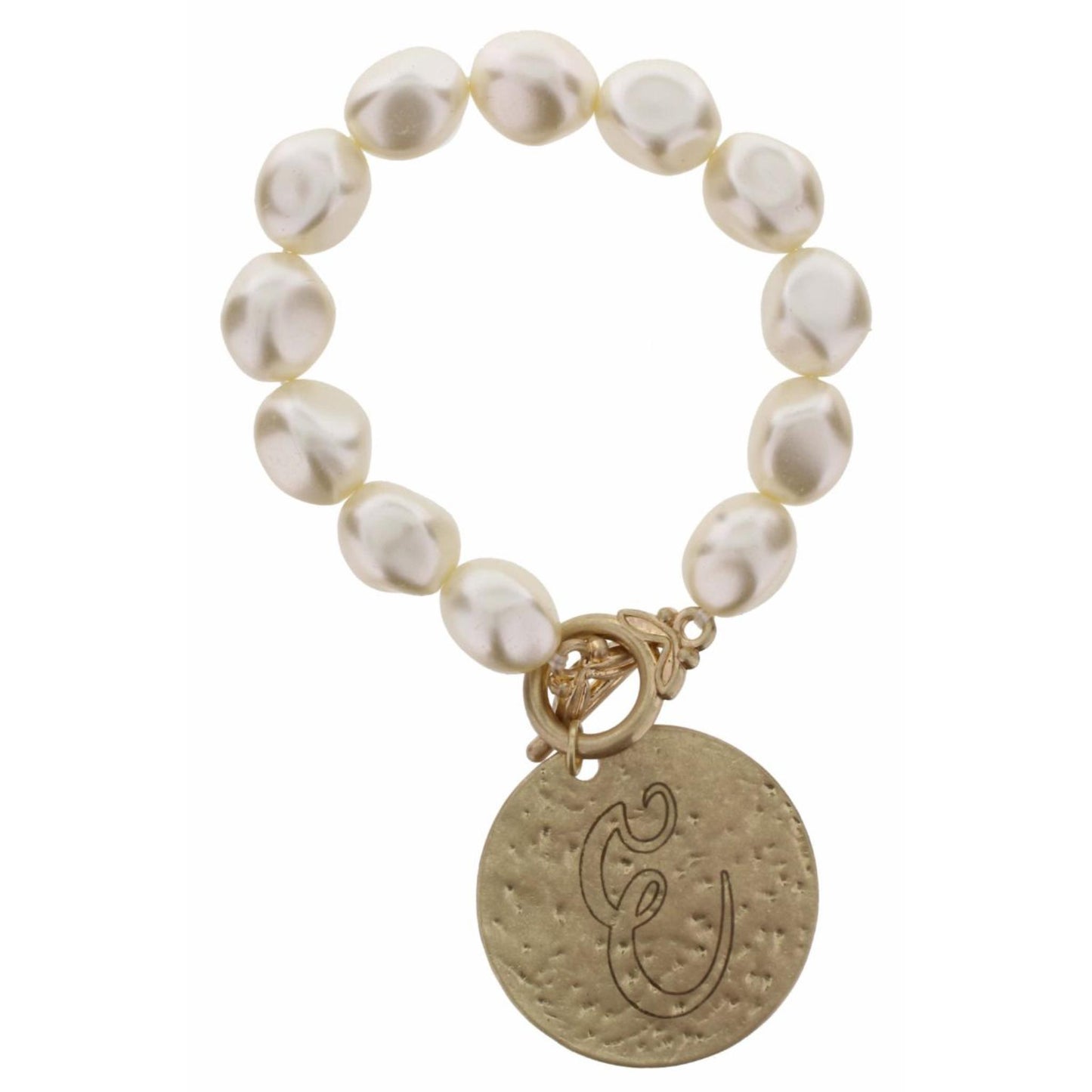 Pearl Stretch with Disk Initial "E" Bracelet