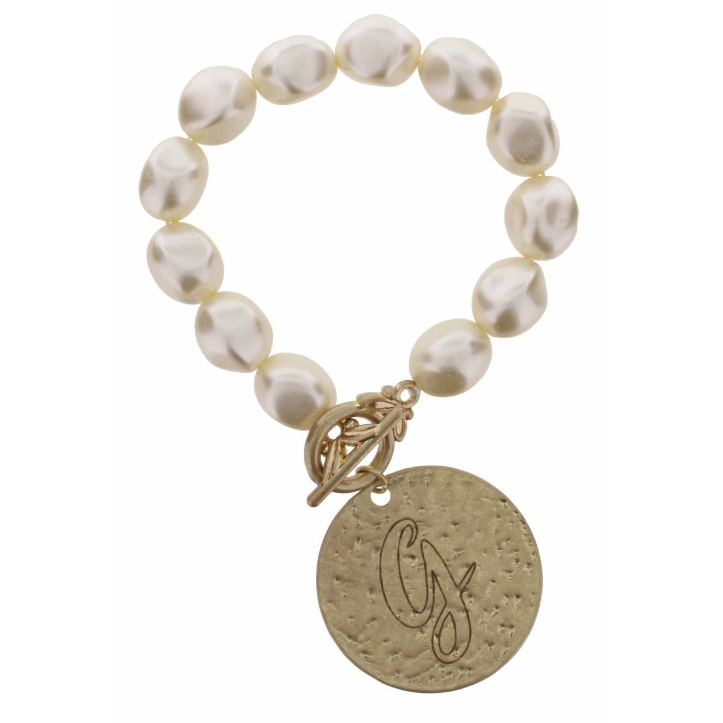 Pearl Stretch with Disk Initial "G" Bracelet