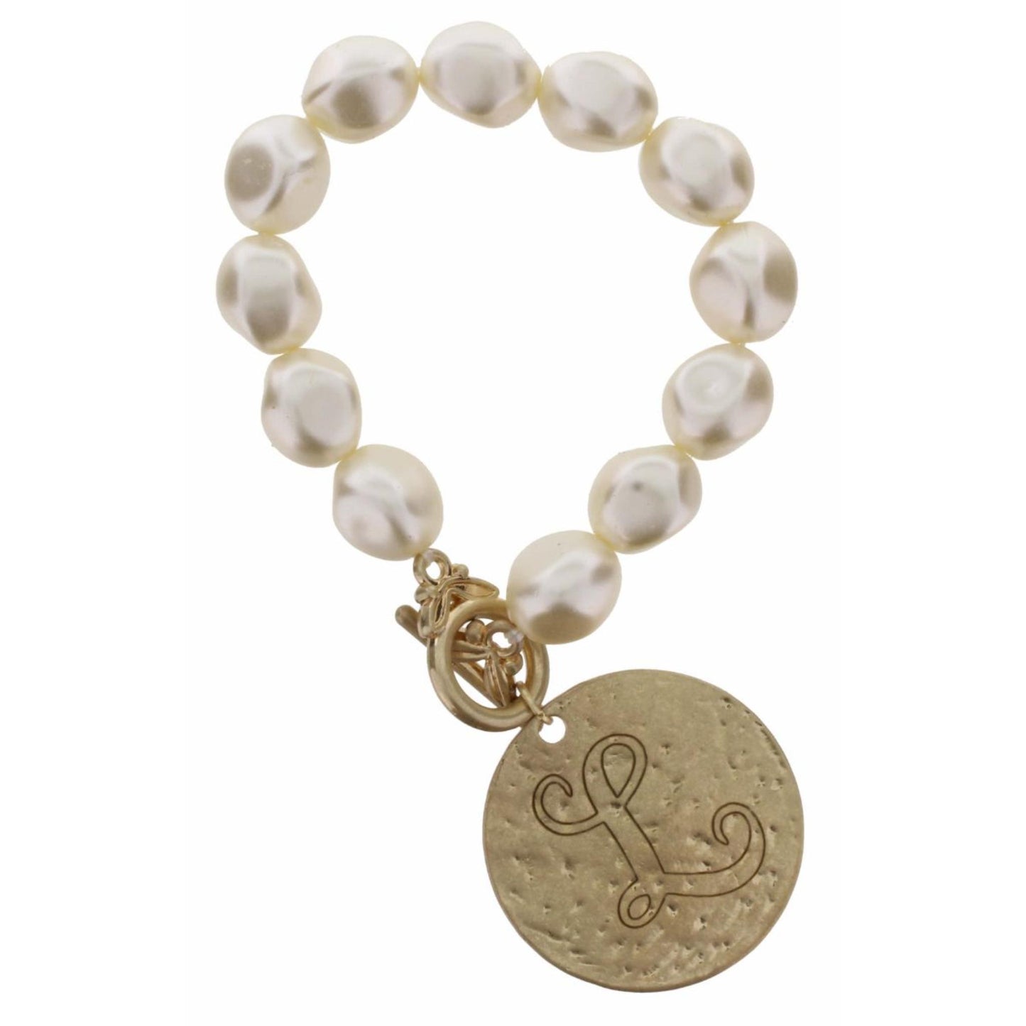 Pearl Stretch with Disk Initial "L" Bracelet