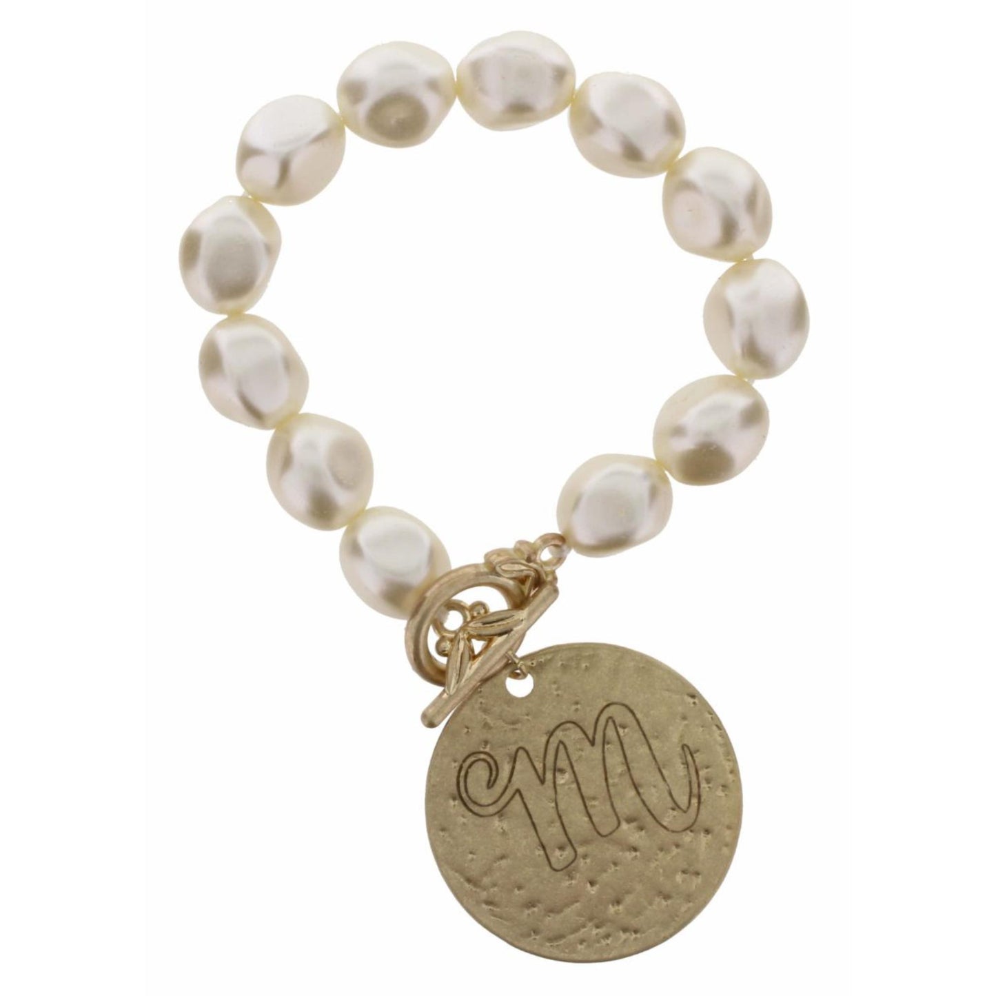 Pearl Stretch with Disk Initial "M" Bracelet