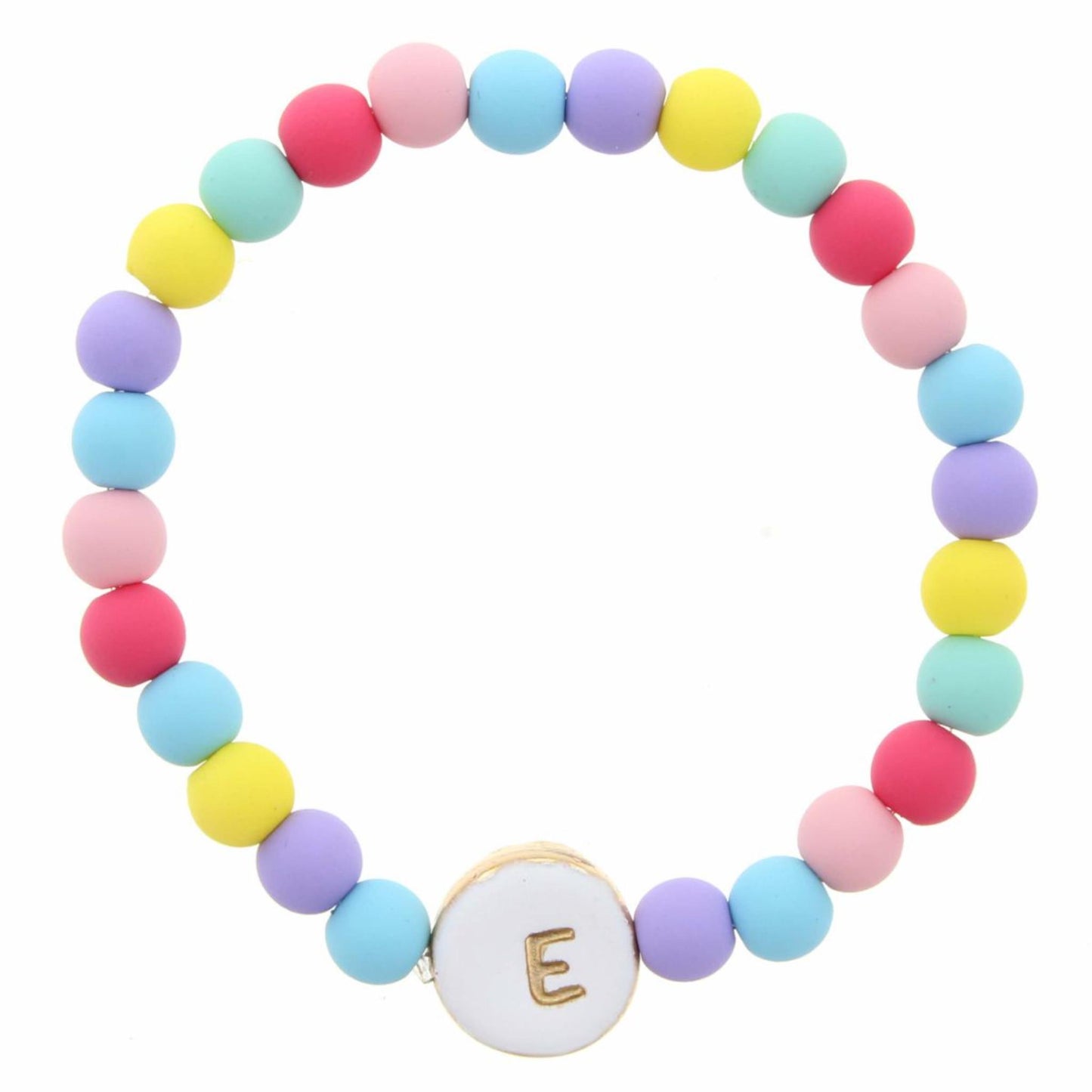 Kids "E" White Stamped Disk Multi Colored Beaded Stretch Bracelet