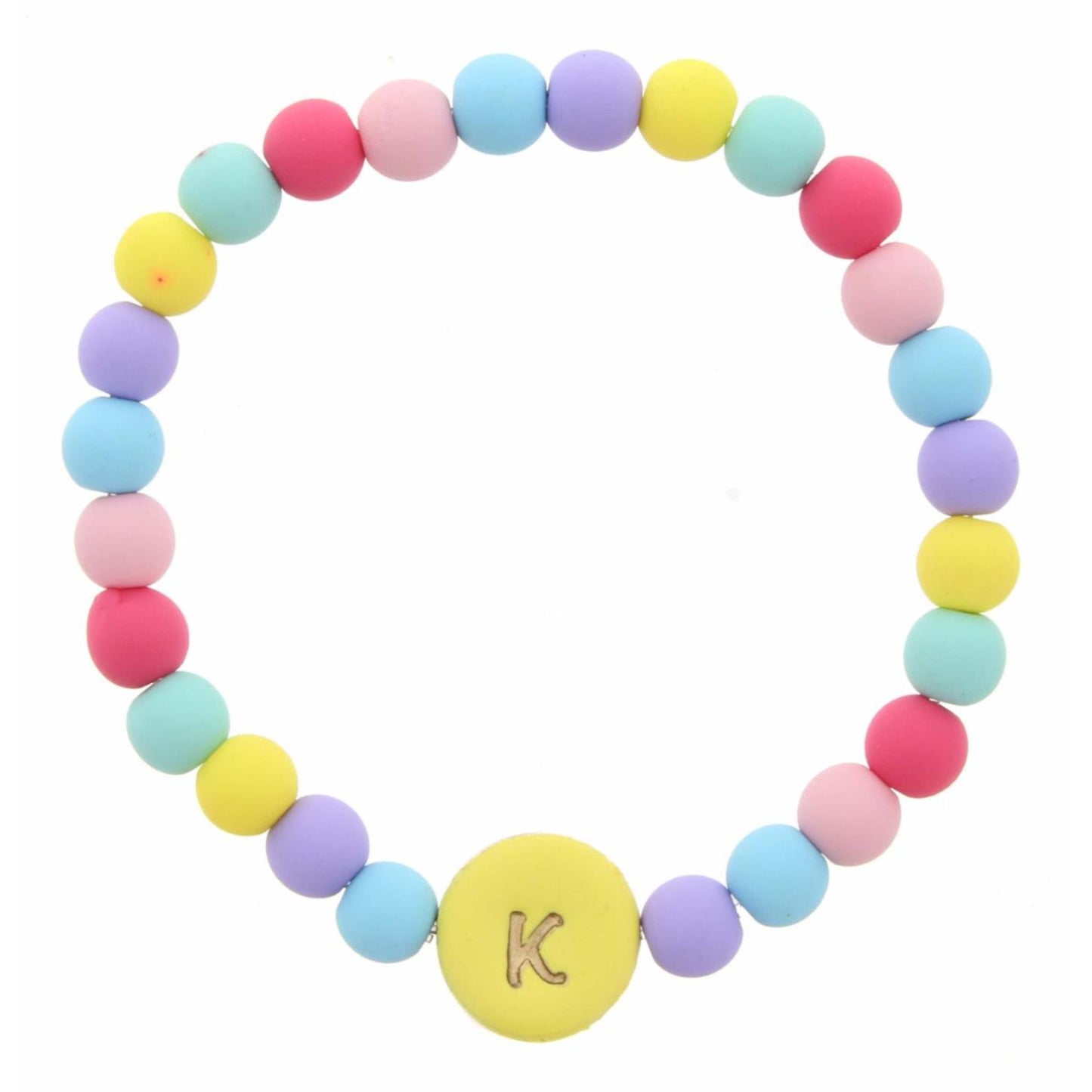 Kids "K" Yellow Stamped Disk Multi Colored Beaded Stretch Bracelet