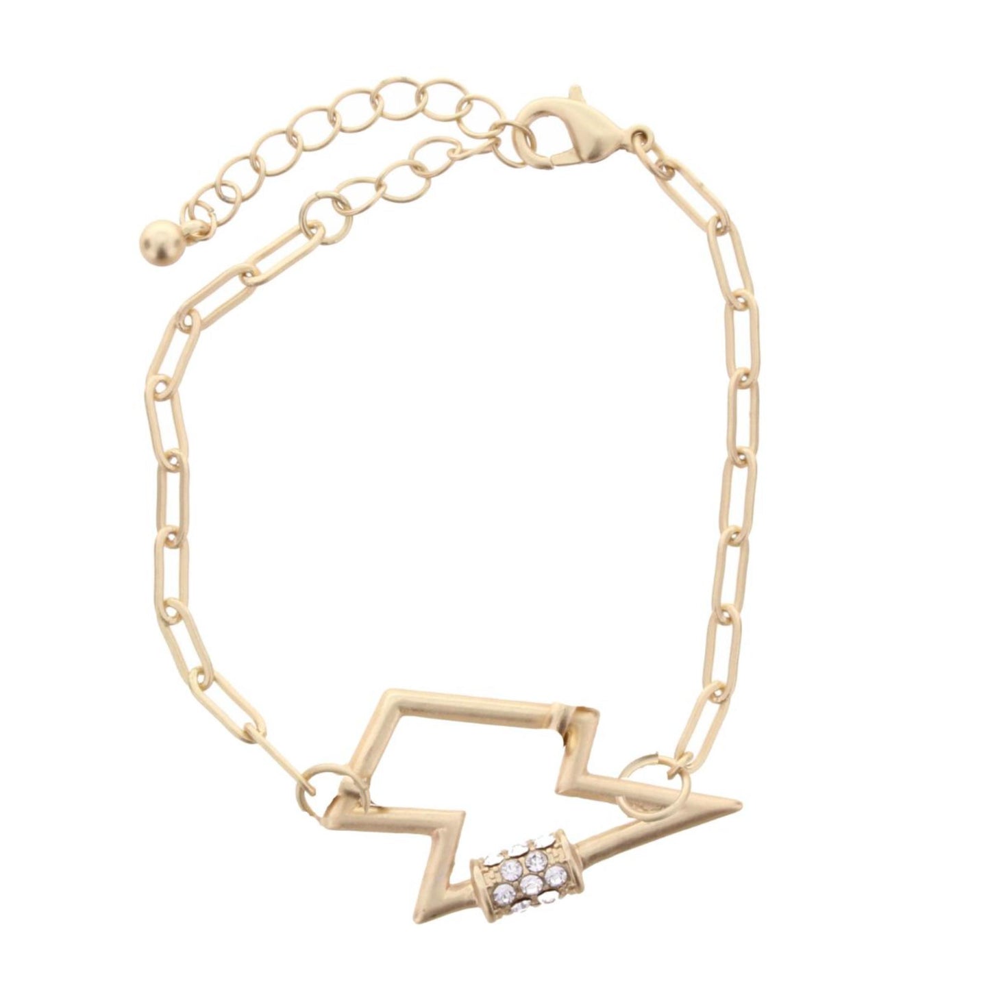 Gold Chain Link with Lightening Bolt with Rhinestone Accents Bracelet, 2" Ext.