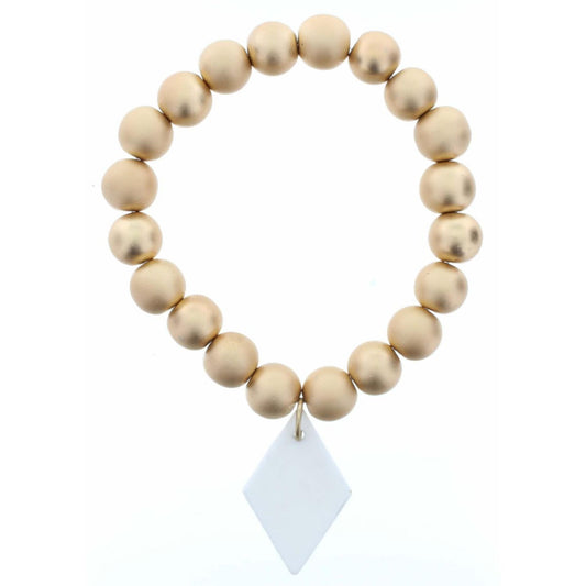 Gold Beaded Stretch, White Ceramic Diamond Bracelet