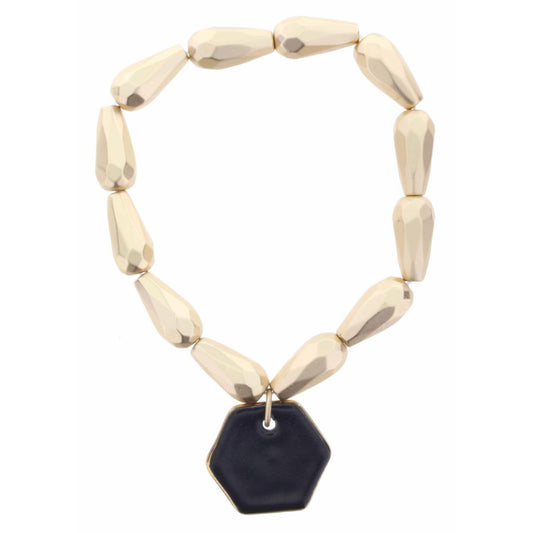 Faceted Gold Teardrop Beaded Stretch, Jet Ceramic Hexagon Bracelet