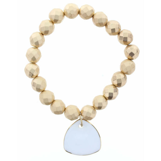 Faceted Gold Beaded Stretch, White Ceramic Rounded Triangle Bracelet