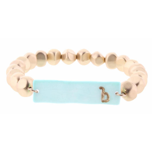 Gold Beaded Stretch, Mint Ceramic Rectangle with "B" Initial Bracelet